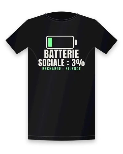 T-shirt noir avec le design « Batterie sociale : 3 % » avec une icône de batterie presque vide