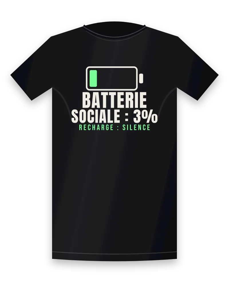 T-shirt noir avec le design « Batterie sociale : 3 % » avec une icône de batterie presque vide