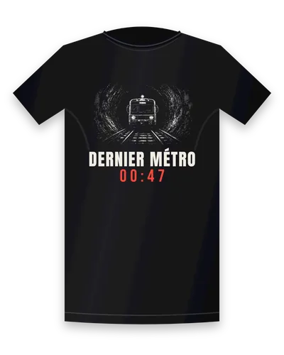 T-shirt noir avec le design « Dernier Métro 00:47 » : un train dans un tunnel, texte en capitales