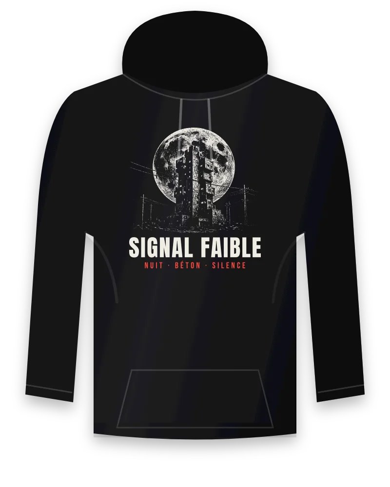 Hoodie noir avec le design « Signal Faible » : une tour en béton devant la lune, avec « Nuit · Béton · Silence »